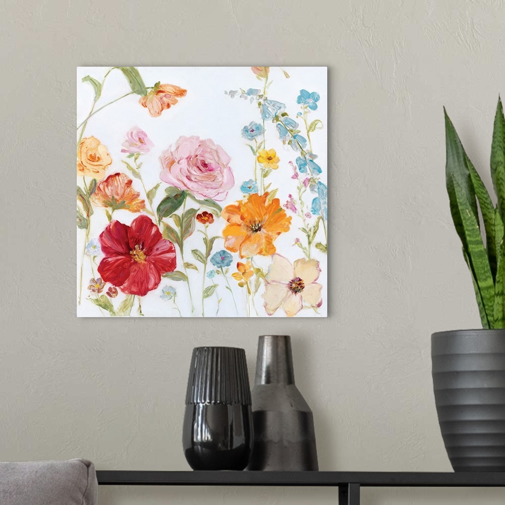 A modern room featuring Contemporary square painting of wildflowers on a white background.