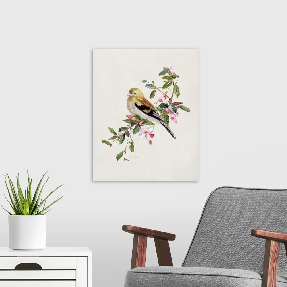 A modern room featuring Spring Song Pine Grosbeak
