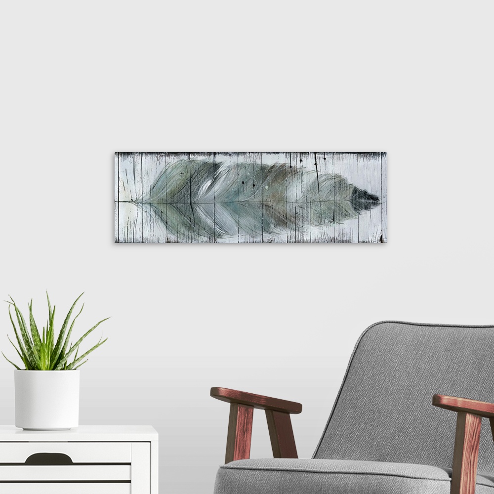 A modern room featuring A horizontal painting of a cool tone, blue and gray feather with a white background and dark trim...