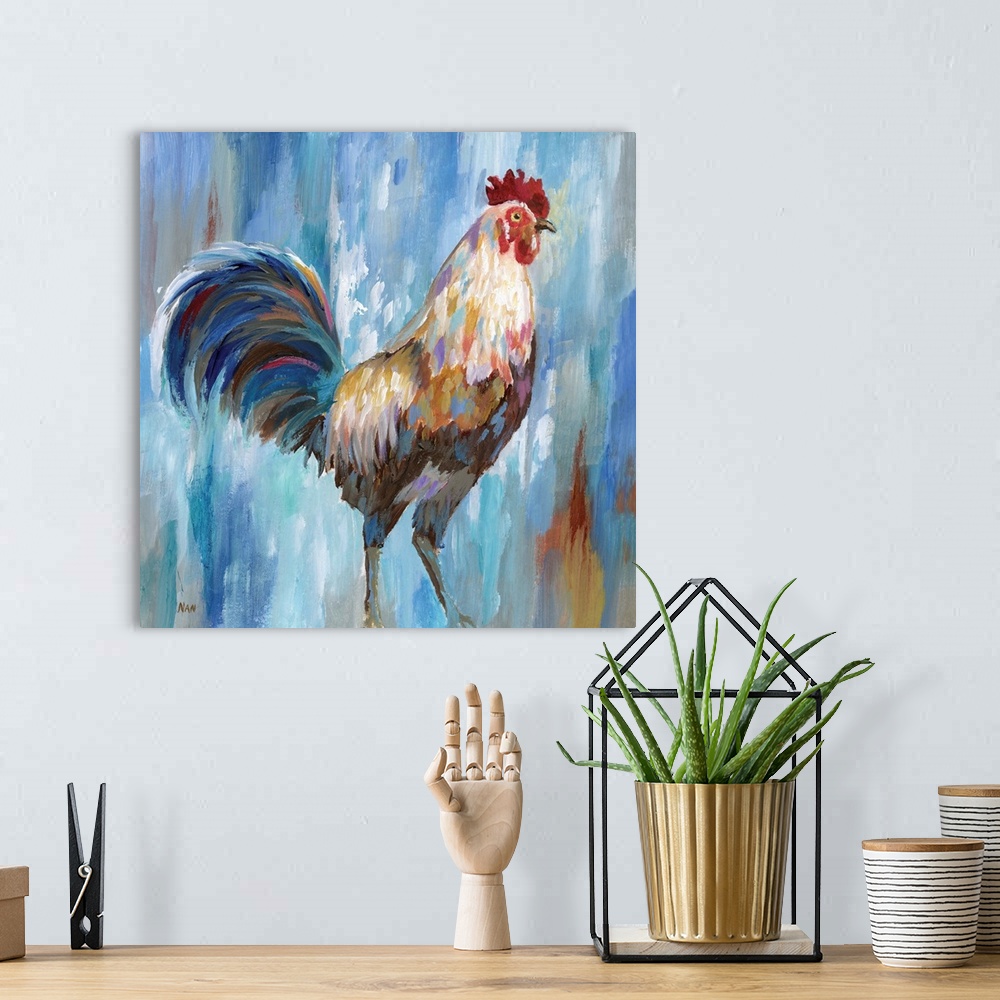 A bohemian room featuring Contemporary portrait of a proud rooster with a fancy tail.
