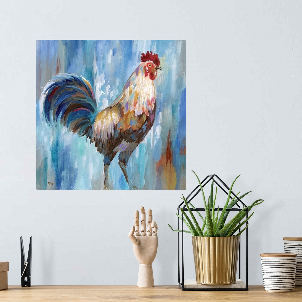 A bohemian room featuring Contemporary portrait of a proud rooster with a fancy tail.