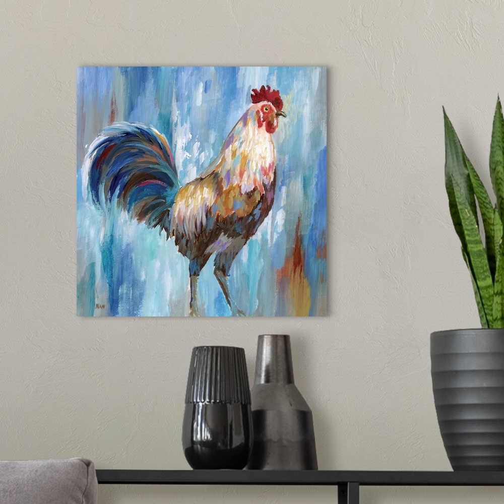 A modern room featuring Contemporary portrait of a proud rooster with a fancy tail.