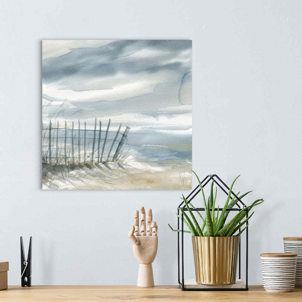 A bohemian room featuring Square watercolor painting of a fence on the beach with the ocean in the background in shades of ...