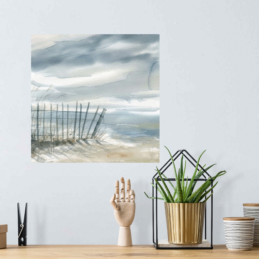 A bohemian room featuring Square watercolor painting of a fence on the beach with the ocean in the background in shades of ...