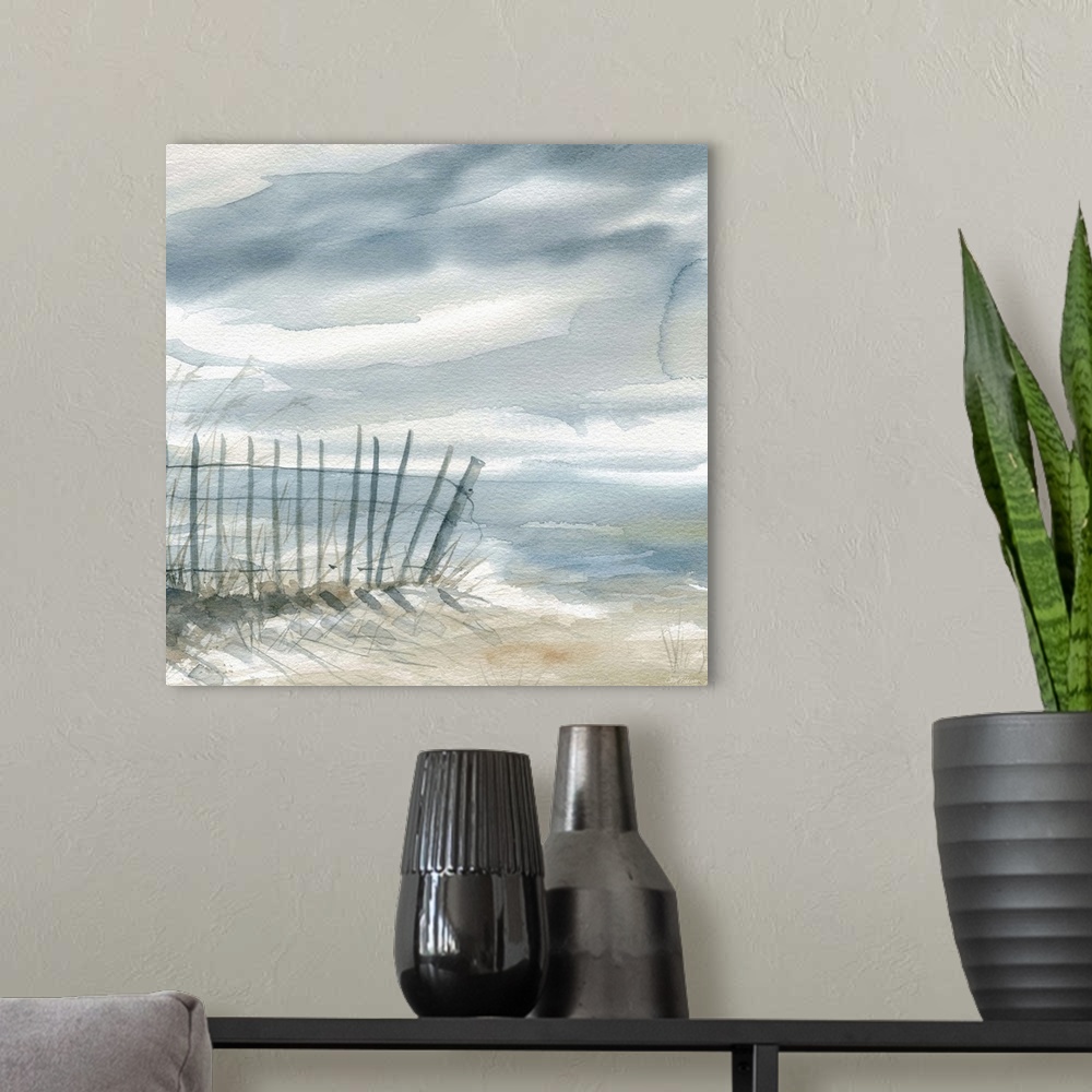 A modern room featuring Square watercolor painting of a fence on the beach with the ocean in the background in shades of ...
