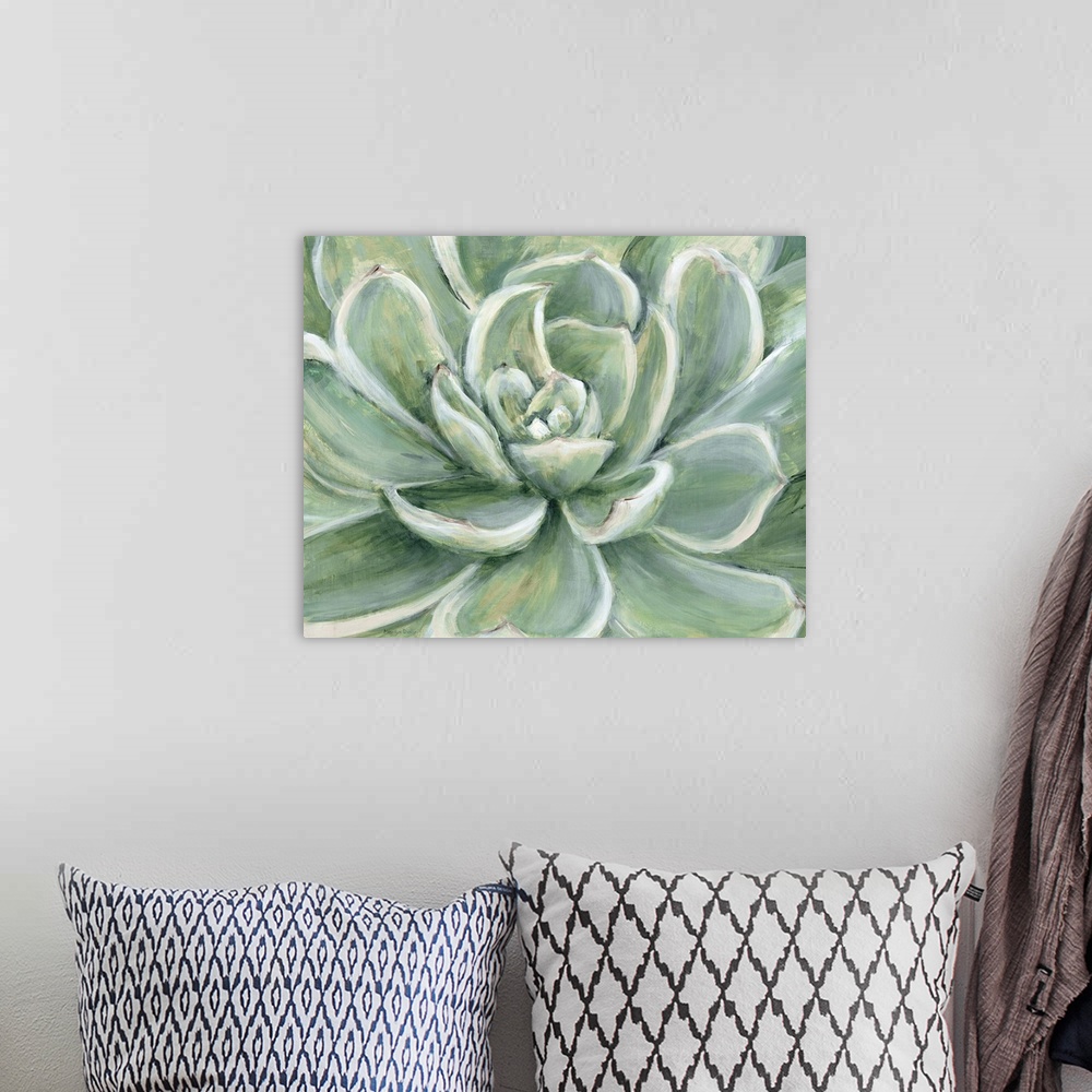 A bohemian room featuring Contemporary painting of a close-up succulent.