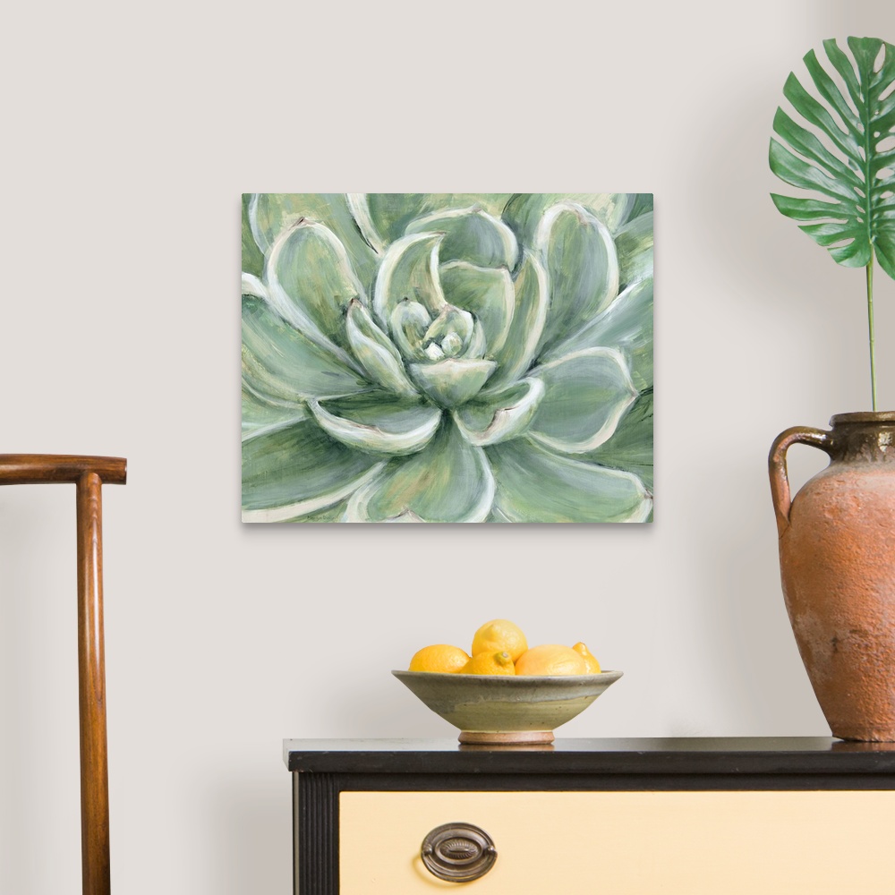 A traditional room featuring Contemporary painting of a close-up succulent.