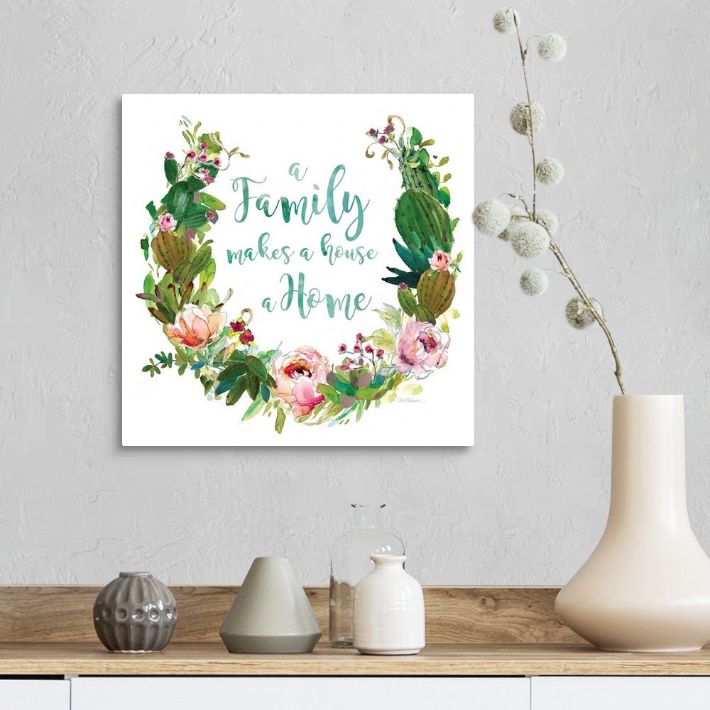 A farmhouse room featuring Square watercolor painting with a wreath made out of flowers and succulents and the phrase "A Fam...