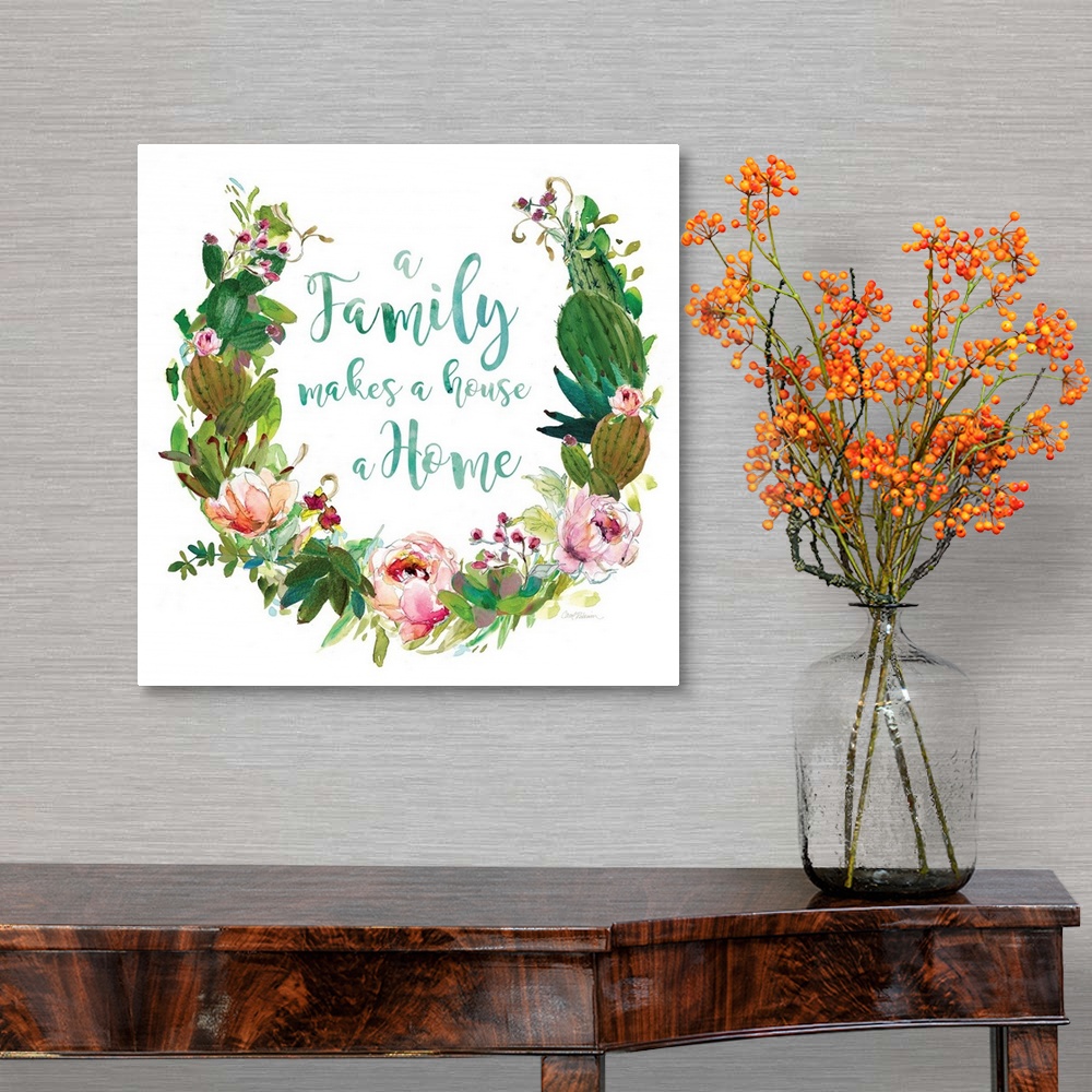 A traditional room featuring Square watercolor painting with a wreath made out of flowers and succulents and the phrase "A Fam...