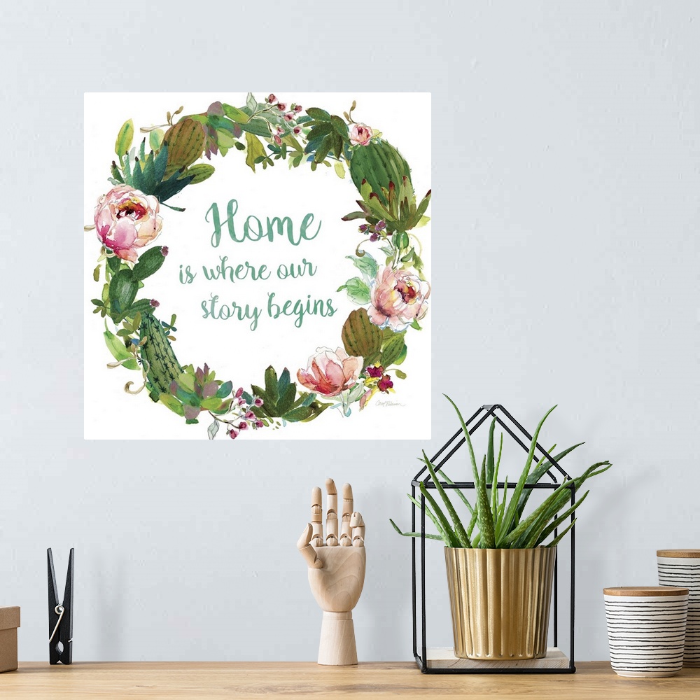A bohemian room featuring Square watercolor painting with a wreath made out of flowers and succulents and the phrase "Home ...