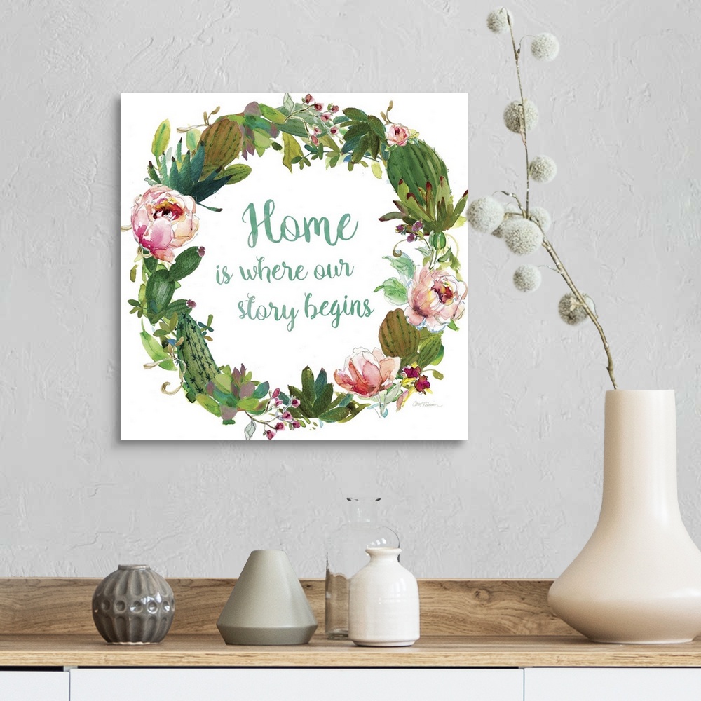 A farmhouse room featuring Square watercolor painting with a wreath made out of flowers and succulents and the phrase "Home ...