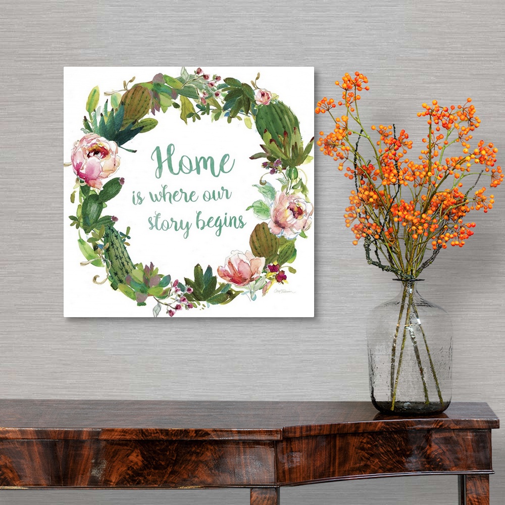A traditional room featuring Square watercolor painting with a wreath made out of flowers and succulents and the phrase "Home ...