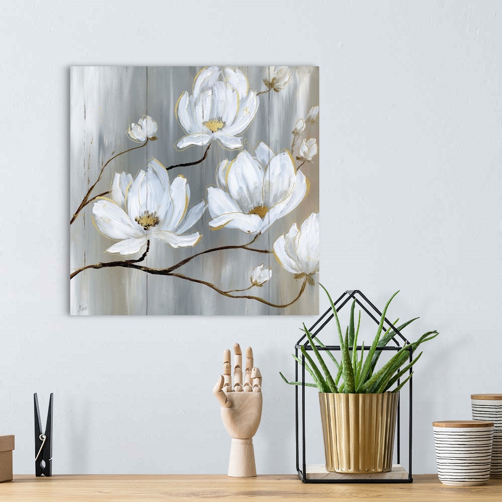 A bohemian room featuring Contemporary painting of neutral colors with white flowers on a square backdrop resembling wood b...