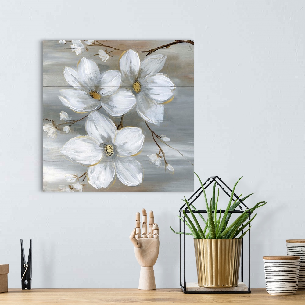 A bohemian room featuring Contemporary painting of neutral colors with white flowers on a square backdrop resembling wood b...