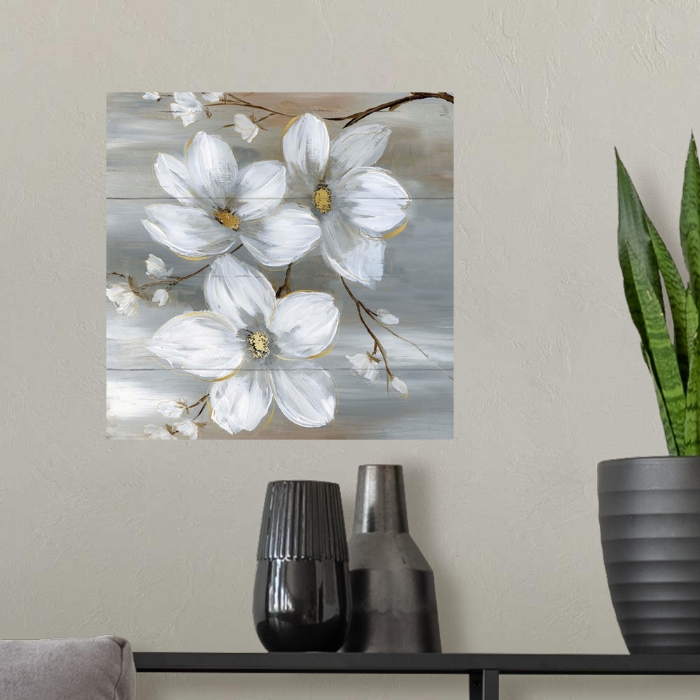 A modern room featuring Contemporary painting of neutral colors with white flowers on a square backdrop resembling wood b...