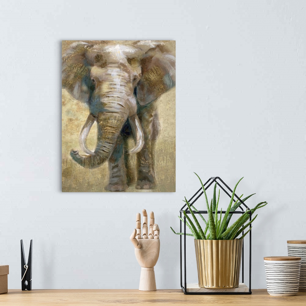 A bohemian room featuring Contemporary painting of an elephant in gray, brown, white, and gold hues.