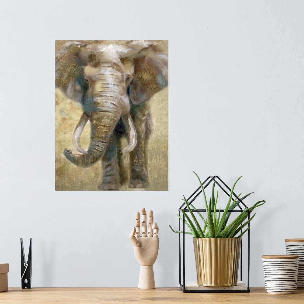 A bohemian room featuring Contemporary painting of an elephant in gray, brown, white, and gold hues.