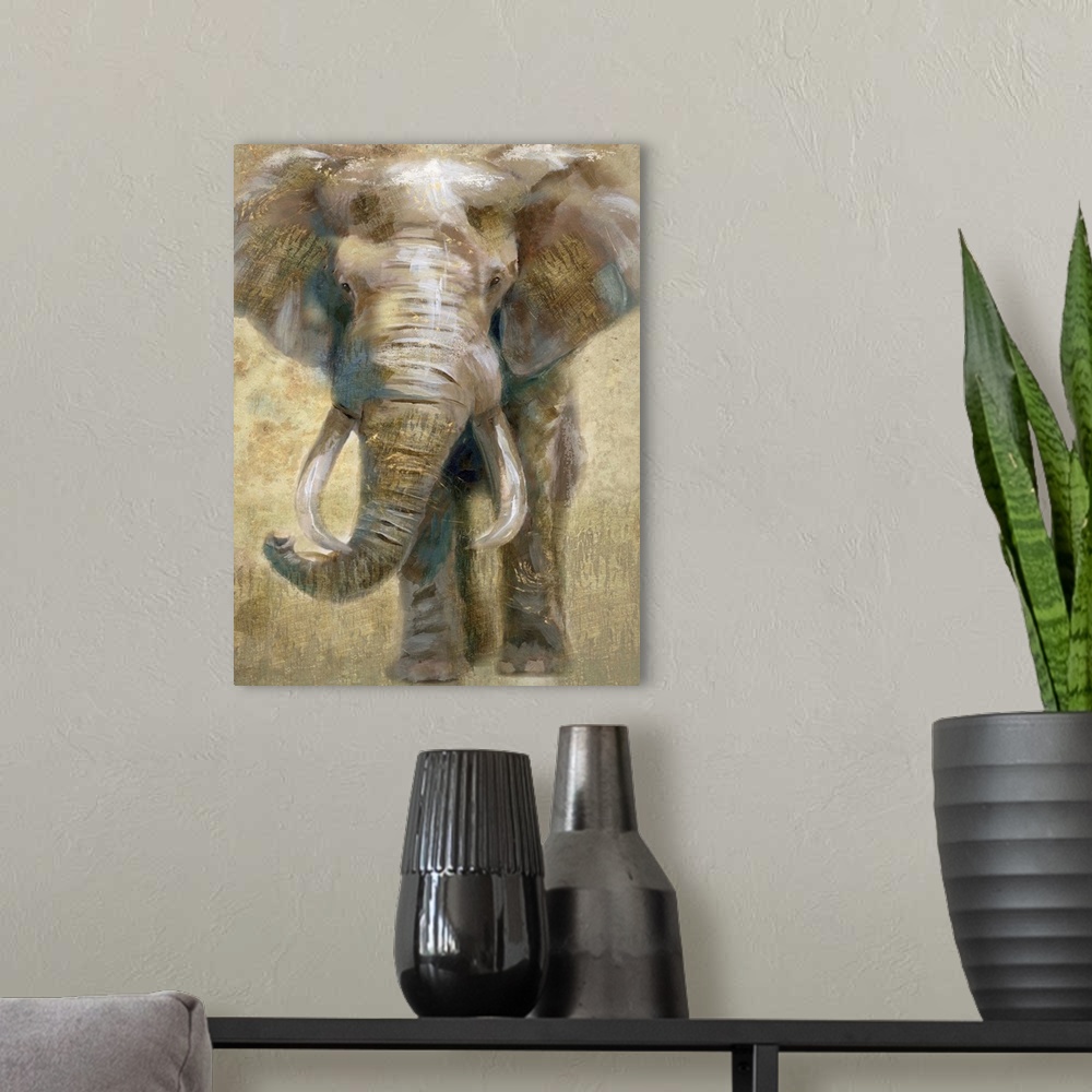 A modern room featuring Contemporary painting of an elephant in gray, brown, white, and gold hues.