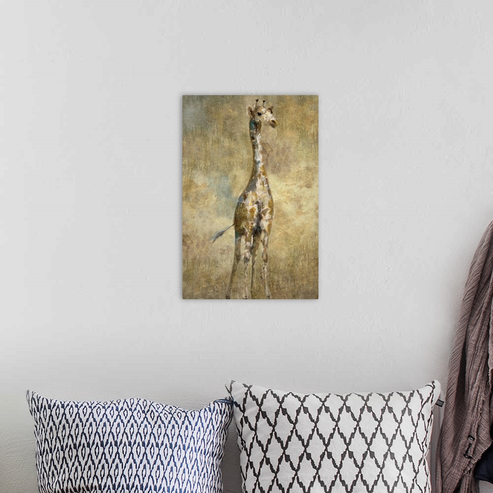 A bohemian room featuring Large painting of a single giraffe in gold, brown, and white tones.