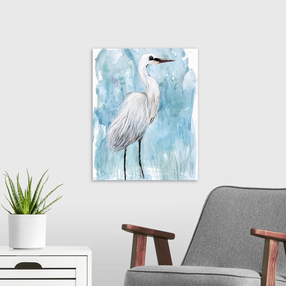 A modern room featuring Watercolor painting of a white Egret on a blue background.