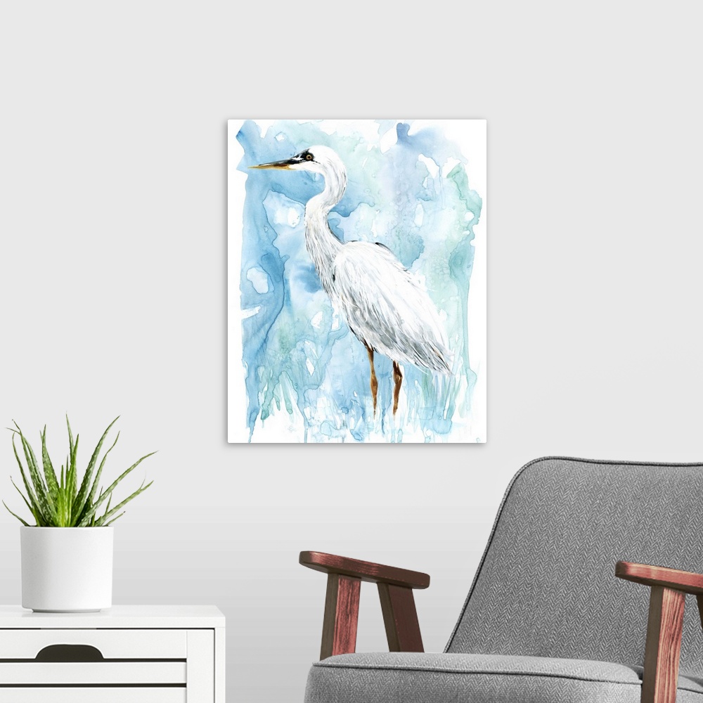 A modern room featuring Watercolor painting of a white Egret on a blue background.