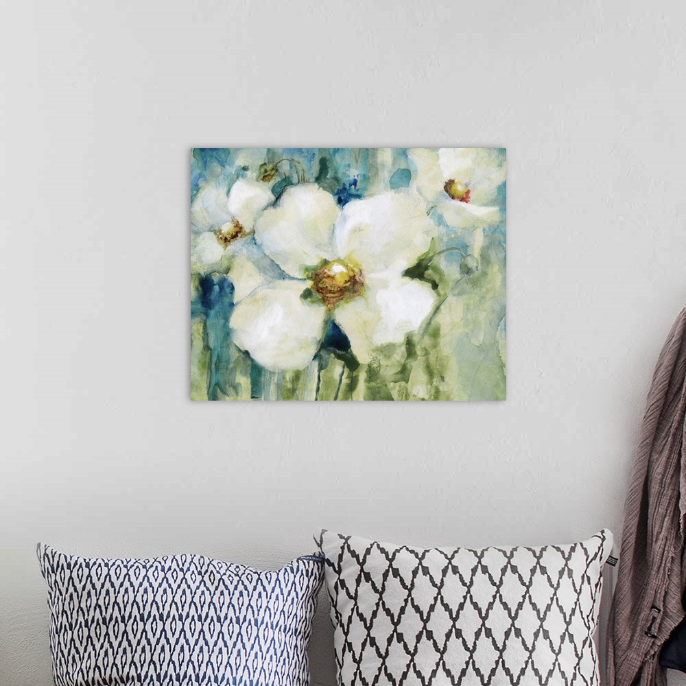 A bohemian room featuring Contemporary painting of white flowers on an abstract blue and green background.