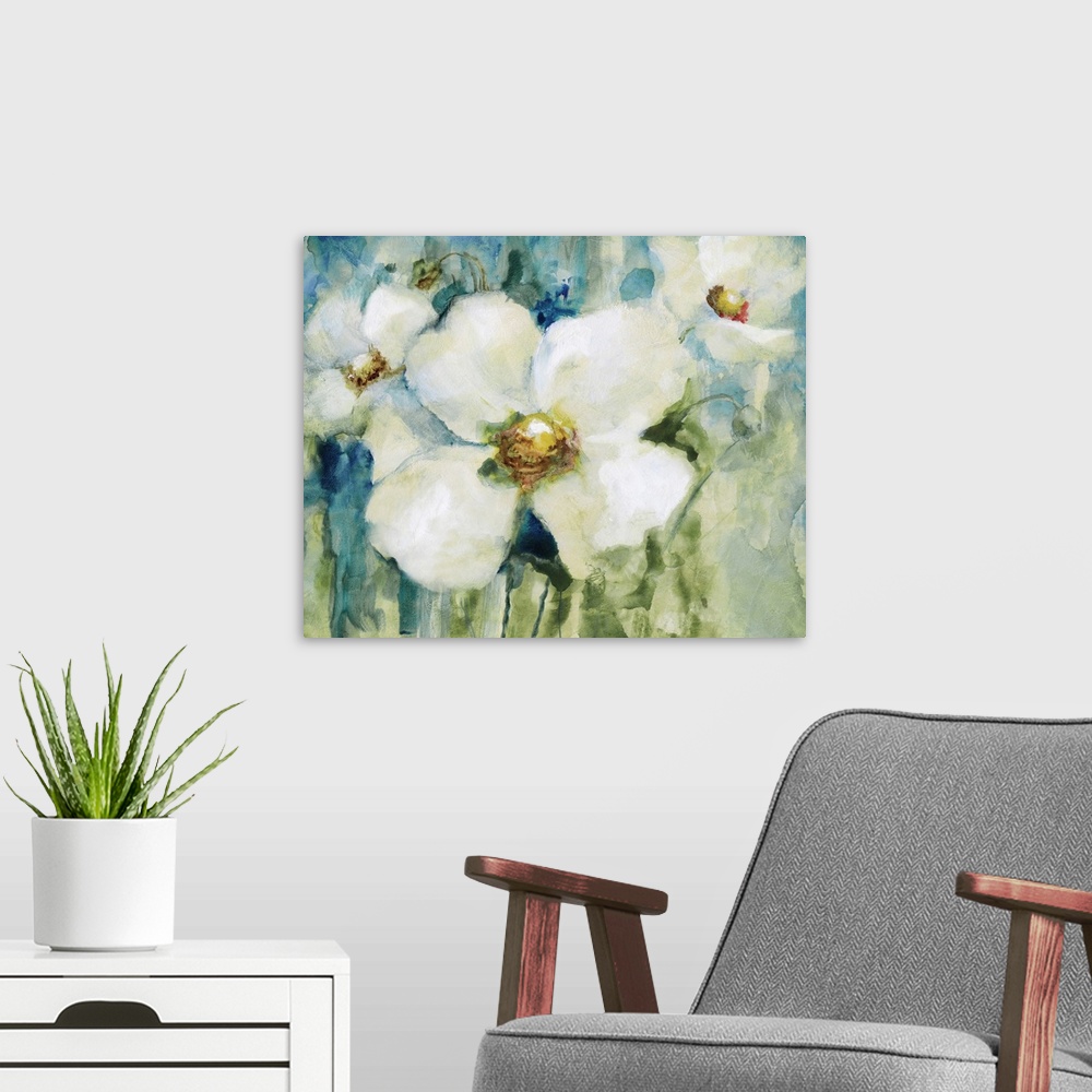 A modern room featuring Contemporary painting of white flowers on an abstract blue and green background.