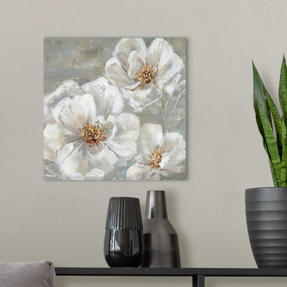A modern room featuring Square contemporary painting of three white flowers on a neutral colored background with light hi...