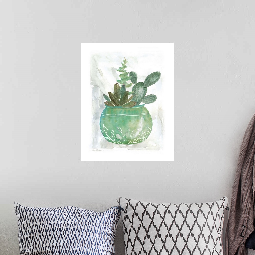 A bohemian room featuring A watercolor painting of a cactus along with other succulents planted in a green and blue pot wit...