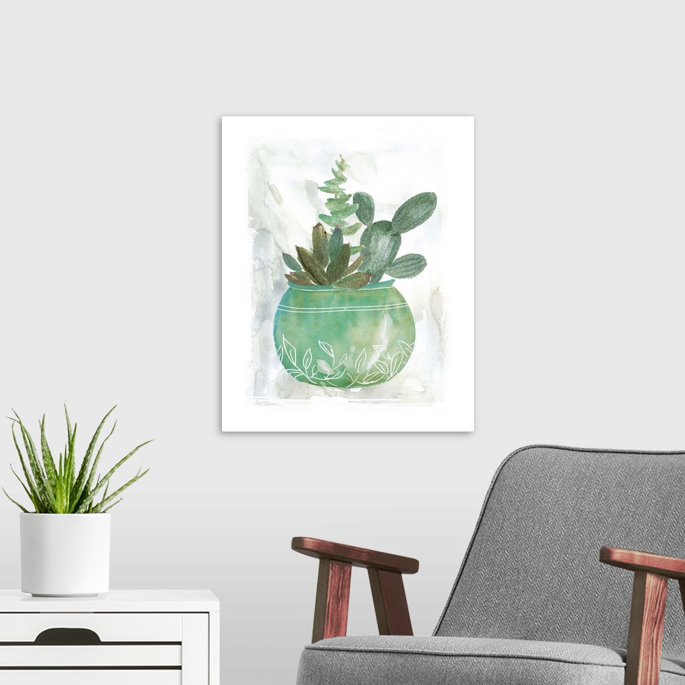 A modern room featuring A watercolor painting of a cactus along with other succulents planted in a green and blue pot wit...