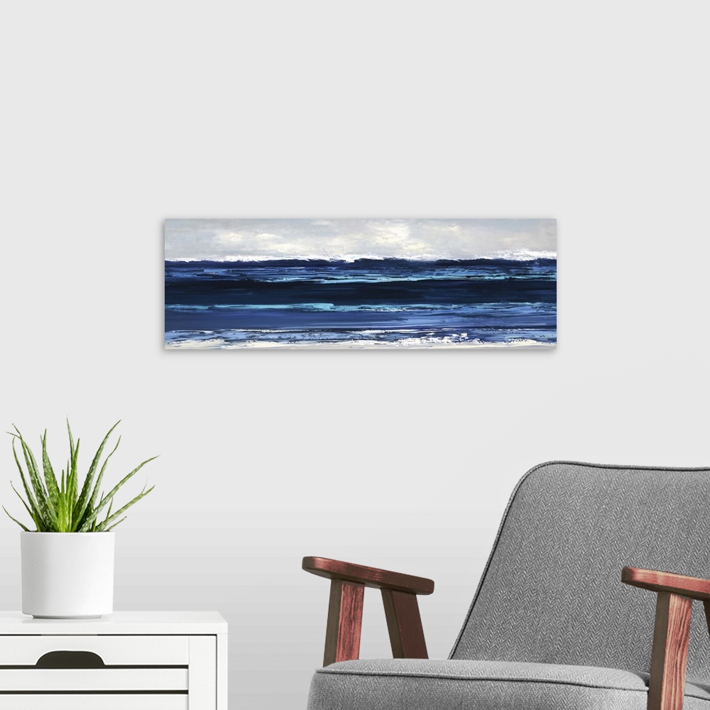 A modern room featuring Panoramic painting of horizontal brush strokes illustrating waves of the ocean coming to shore.