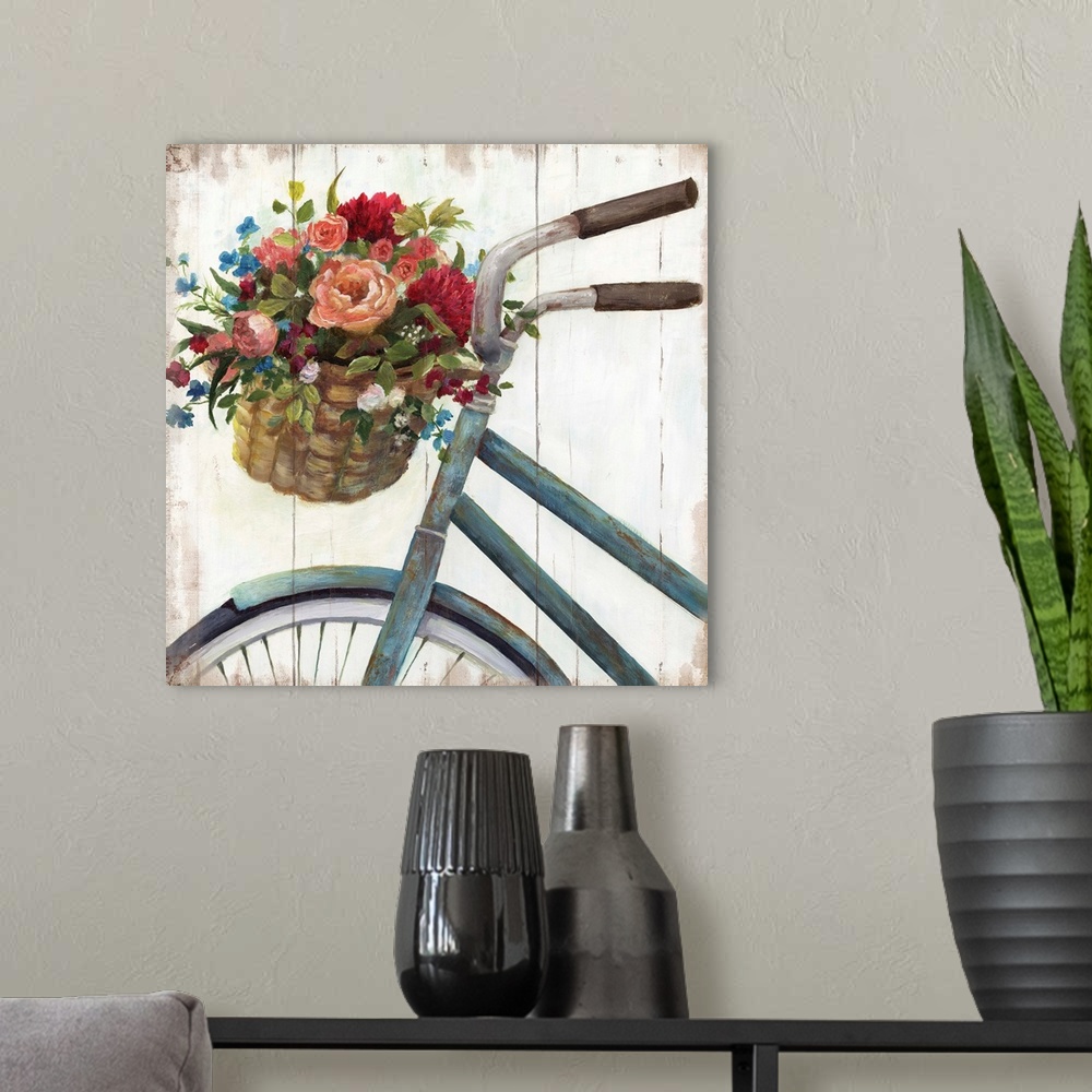 A modern room featuring Square decor with a painted blue bicycle with a basket filled with freshly picked flowers, on a d...
