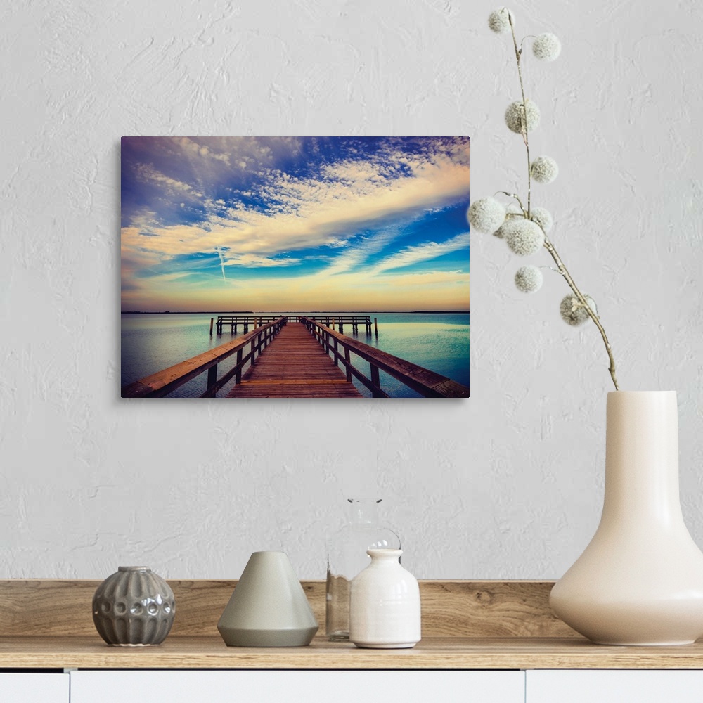 A farmhouse room featuring Photograph of a pier at sunrise with beautiful clouds.