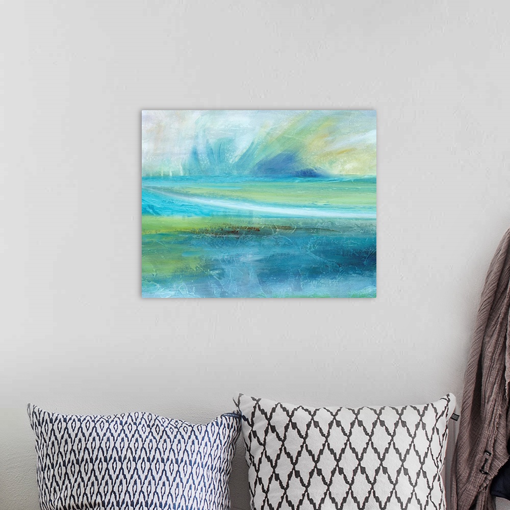 A bohemian room featuring Contemporary painting of an abstract seascape with a big splash of water at the top in shades of ...