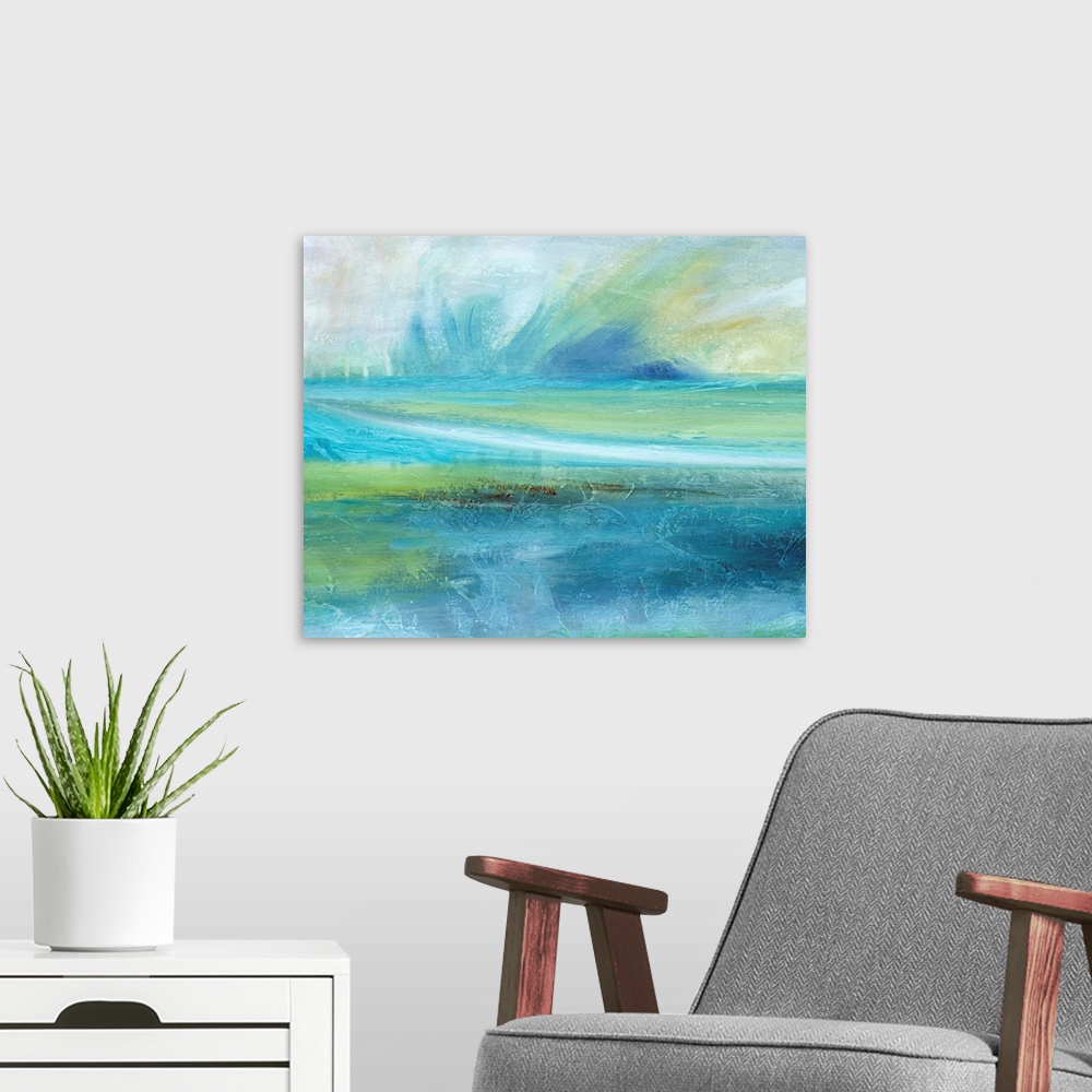 A modern room featuring Contemporary painting of an abstract seascape with a big splash of water at the top in shades of ...