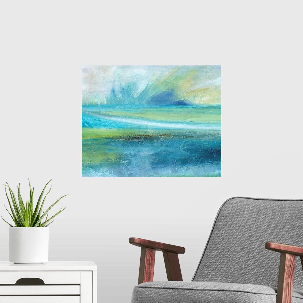 A modern room featuring Contemporary painting of an abstract seascape with a big splash of water at the top in shades of ...