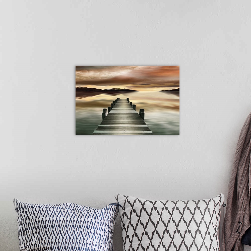 A bohemian room featuring Photograph of a wooden dock with a dream-like sunset.