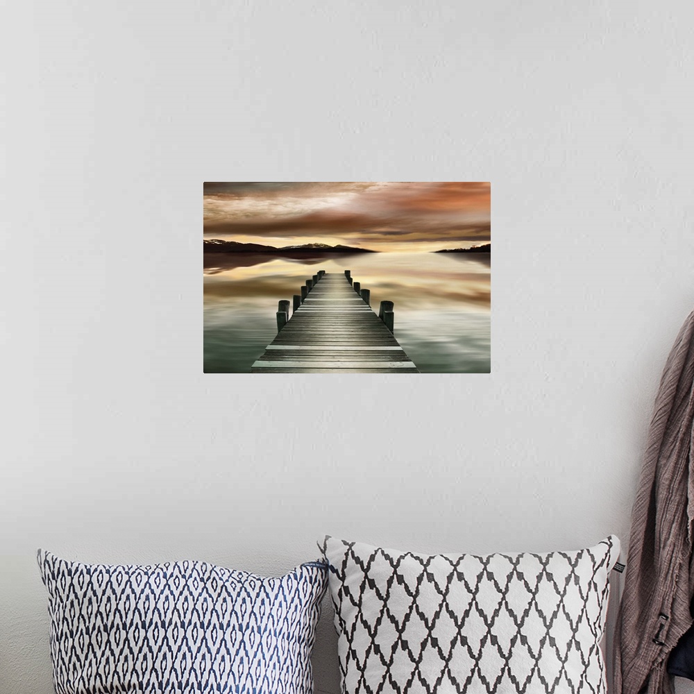 A bohemian room featuring Photograph of a wooden dock with a dream-like sunset.