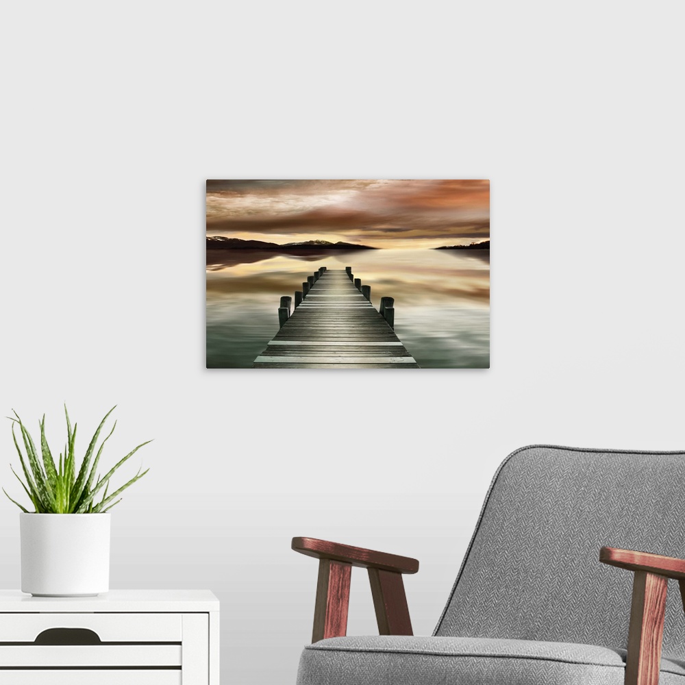 A modern room featuring Photograph of a wooden dock with a dream-like sunset.