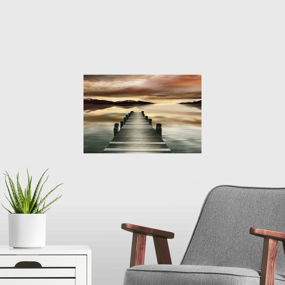 A modern room featuring Photograph of a wooden dock with a dream-like sunset.