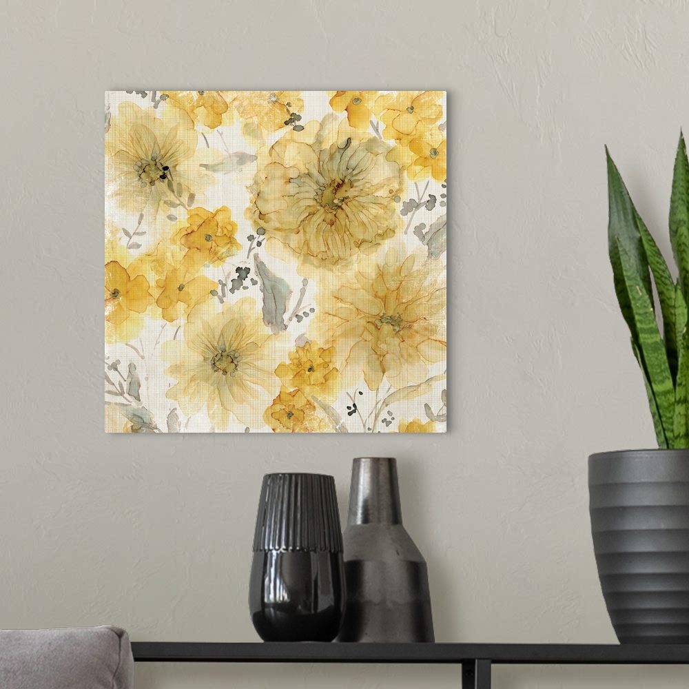 A modern room featuring Yellow flowers with gray stems and leaves on a white background with a very thin checkered pattern.