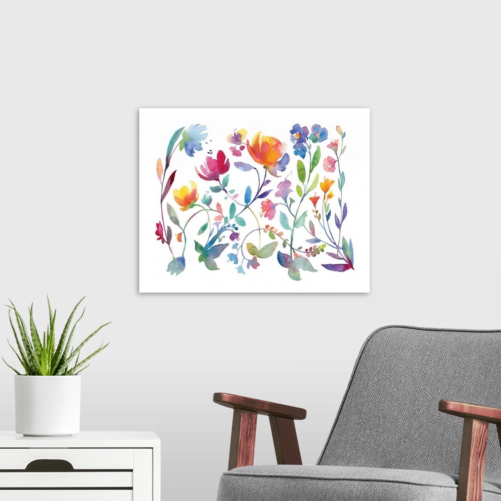 A modern room featuring Large watercolor painting with colorful abstract flowers on a solid white background.