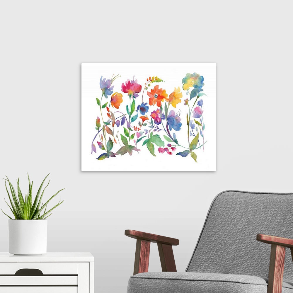 A modern room featuring Large watercolor painting with colorful abstract flowers on a solid white background.