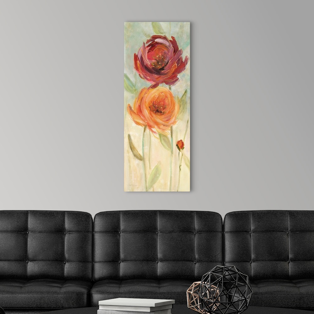 A modern room featuring Large panel painting of an orange and a red poppy flower with gold highlights on a light earth to...