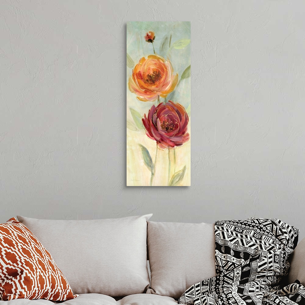 A bohemian room featuring Large panel painting of an orange and a red poppy flower with gold highlights on a light earth to...