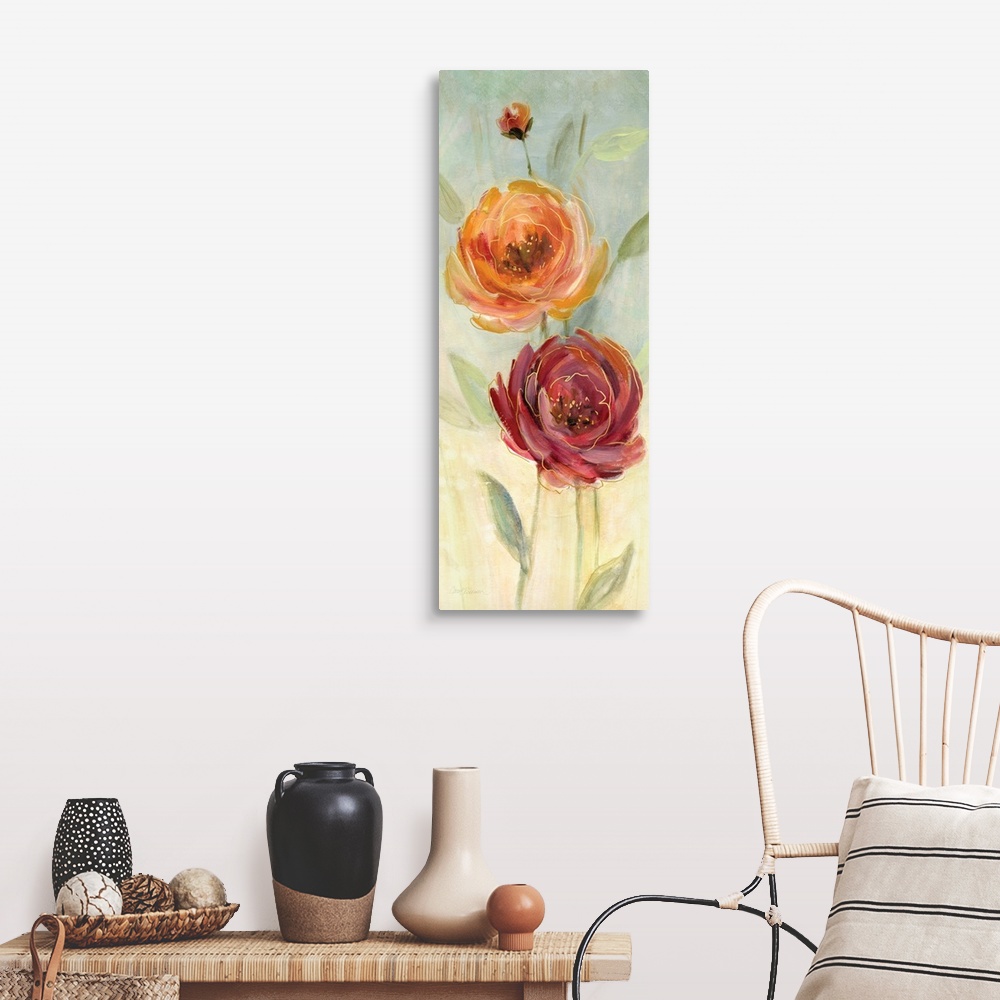 A farmhouse room featuring Large panel painting of an orange and a red poppy flower with gold highlights on a light earth to...