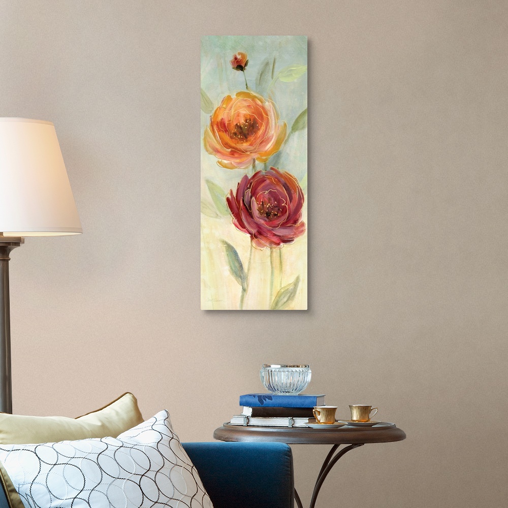 A traditional room featuring Large panel painting of an orange and a red poppy flower with gold highlights on a light earth to...