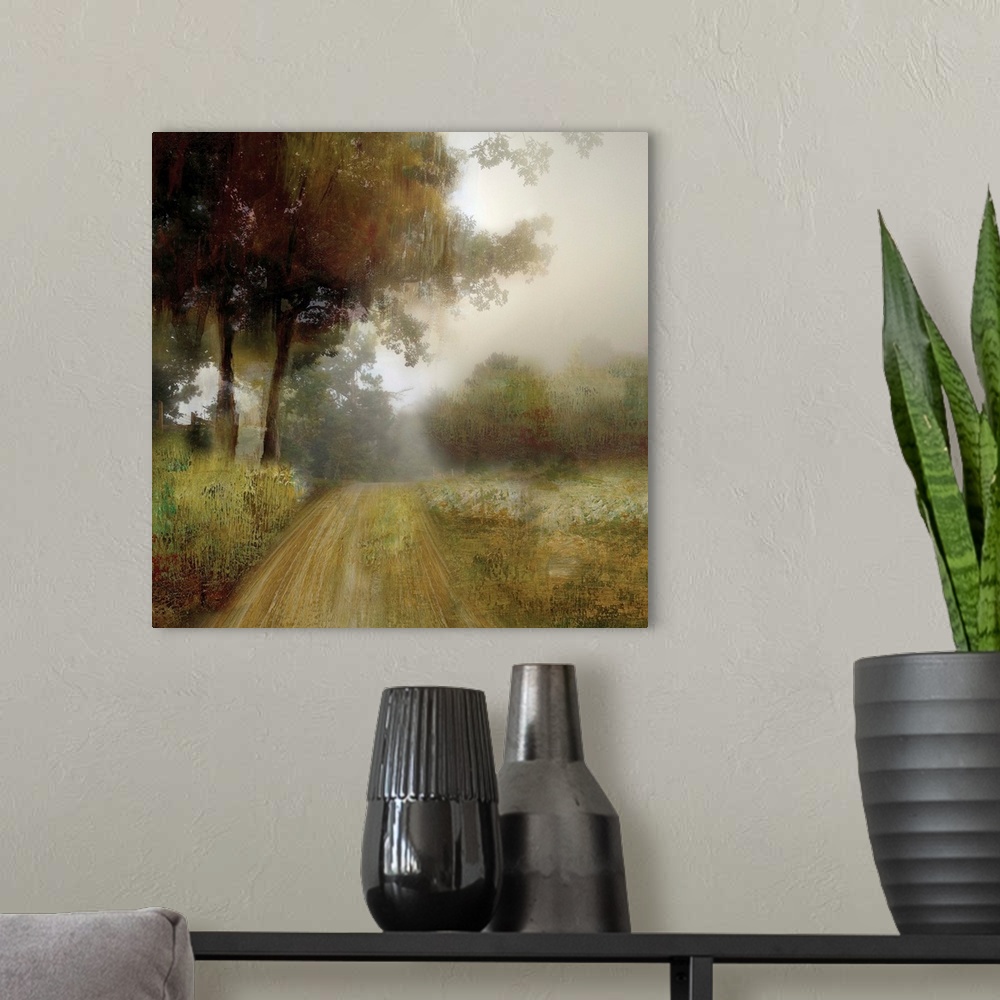 A modern room featuring Square painting of a pathway going through a rural landscape with tall trees and Autumn colors.