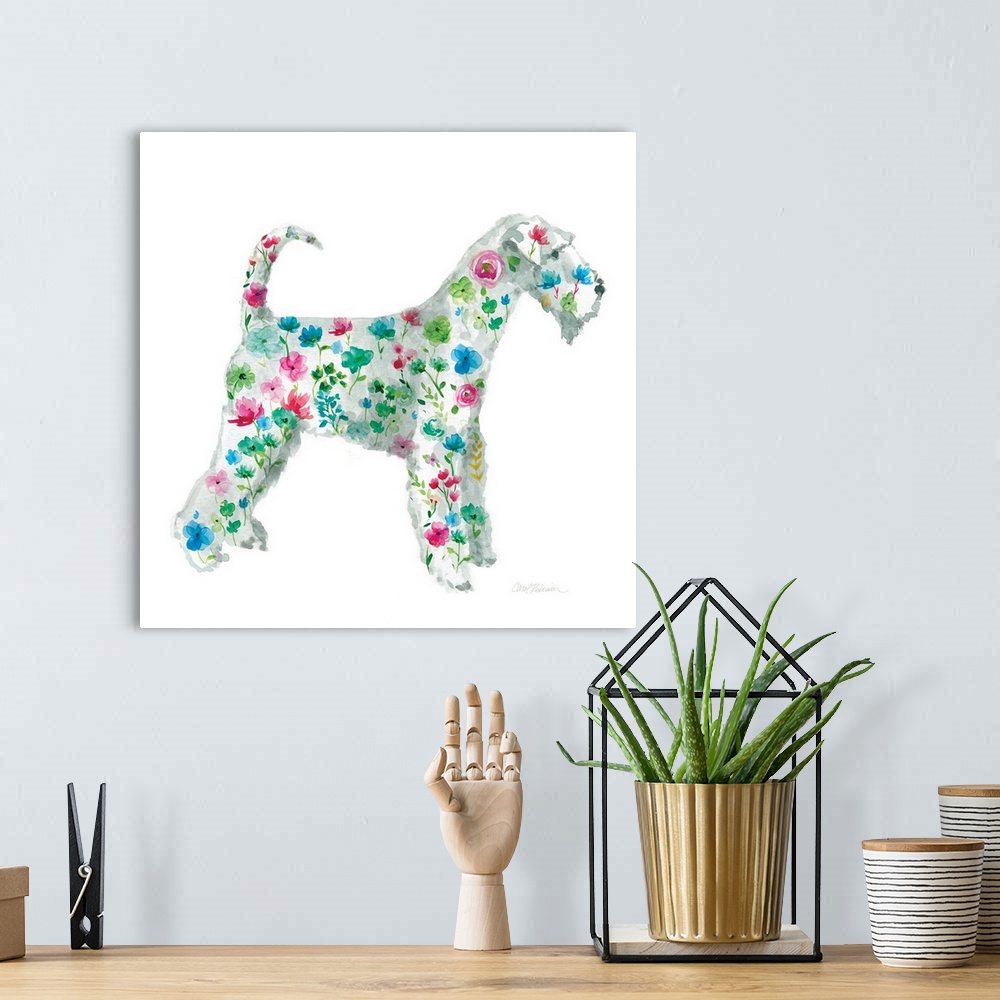 A bohemian room featuring A watercolor painting of an Airedale with a bright and colorful floral pattern.