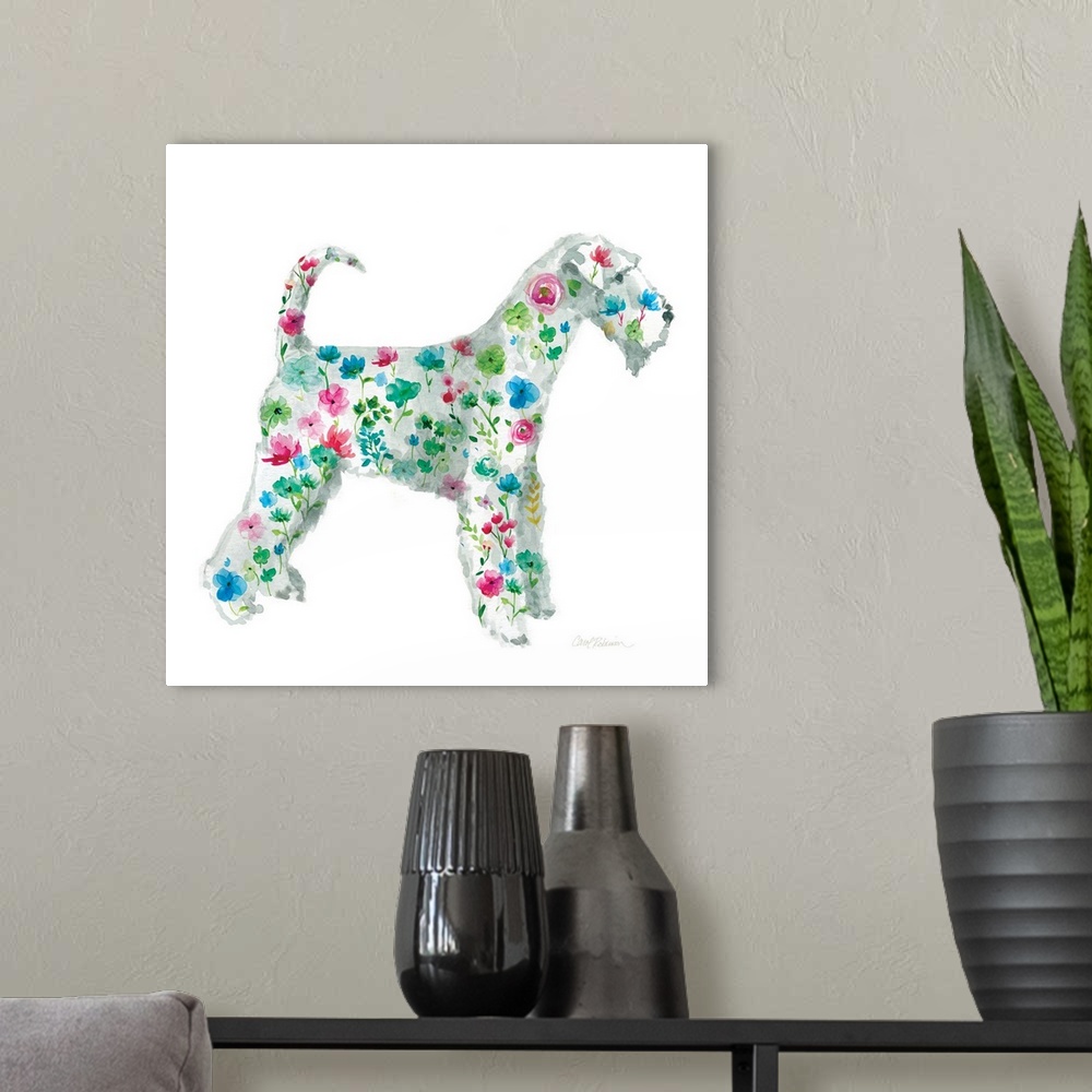 A modern room featuring A watercolor painting of an Airedale with a bright and colorful floral pattern.